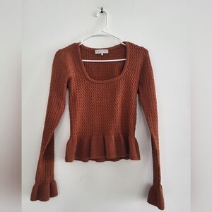 Burnt Orange Ruffle Sleeve Square Neck Sweater [Wayf; XS]